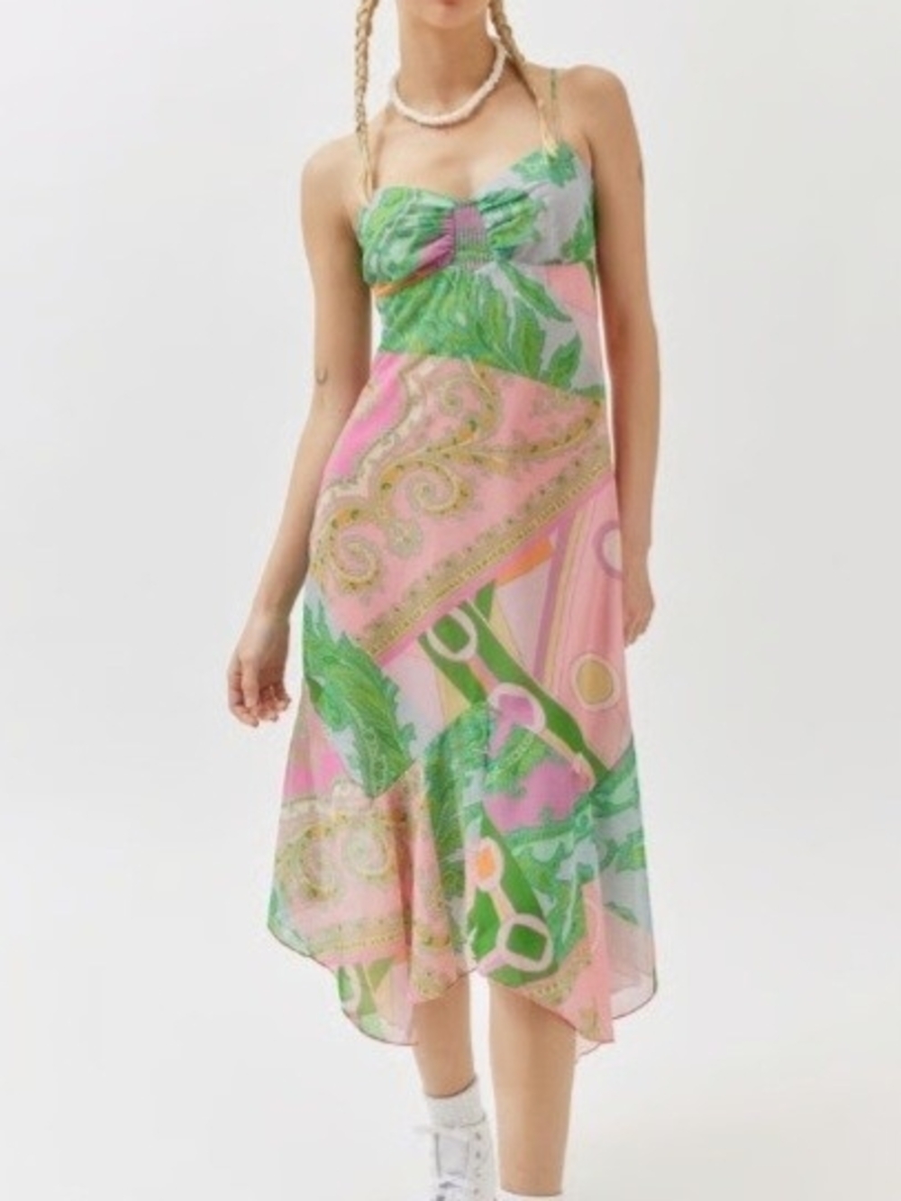 NWT Urban Outfitters Scarlett Ruffle Green Printed Slip Midi Dress - Size Large